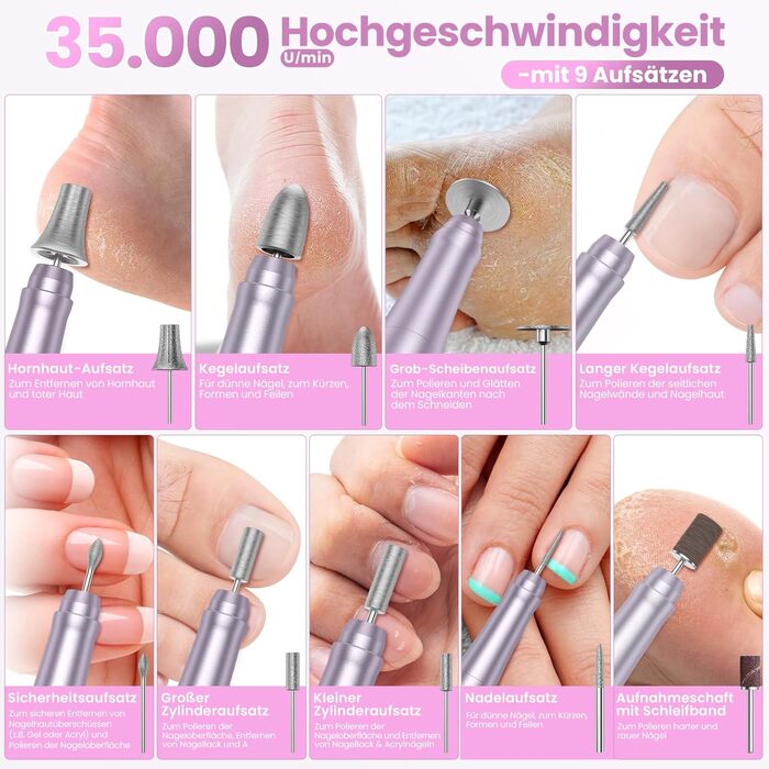 Бездротовий фрезер для нігтів 35.000 об/хв - професійний нейл-дриль для гелю та акрилу, електрична нігтьова пилка з регулюванням швидкості (фіолетовий)