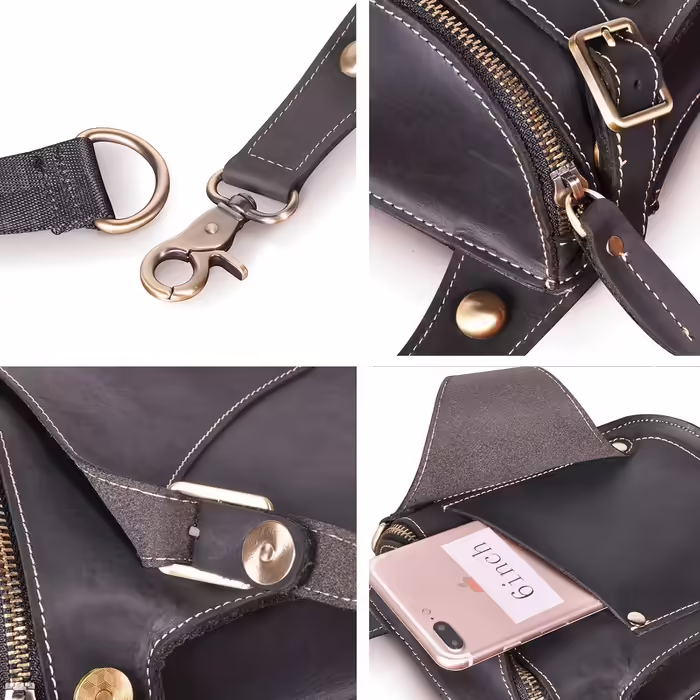 Le'aokuu Men's Leather Motorcycle Hip Bag Messenger Shoulder Drop Leg Bag (9326 Dark Black)