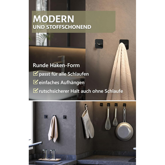 Набір гачків для рушників 4smile - 5 шт. без свердління, чорний колір, для ванної кімнати, самоклеючі, extra-strong, з 3M-клейкими панелями