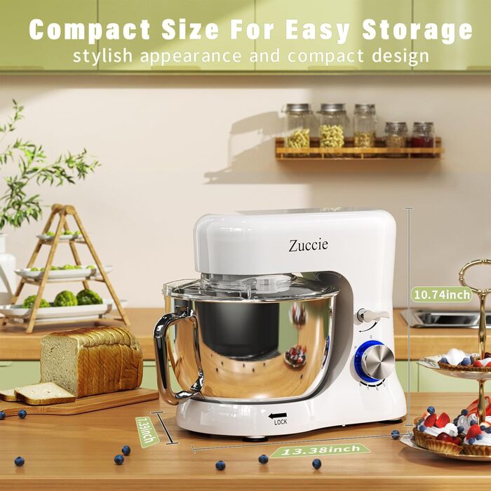 Stand Mixer, Zuccie Stand Mixer Quiet Mixing Machine including 5L Stainless Steel Bowl, 3 Mixing Tools, Splash Guard, Dough Scraper, and Egg Separator, 8+ Speed Dough Machine (White)