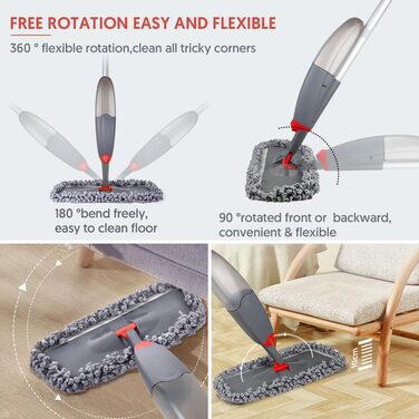 Швабра з розпилювачем Domi-Patrol з 3 змінними мікрофібровими насадками, 435 мл резервуар для води, сіра
