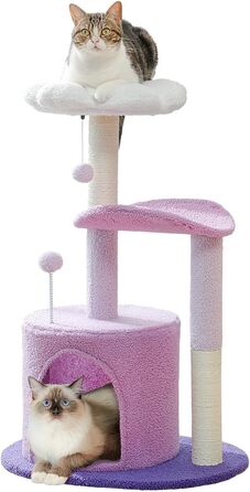 PETEPELA Cactus Scratching Post Small 84cm Modern Cat Tree Detachable Top Bed, Plush Cave, 2 Sisal Pillars, 2 Play Balls, Green (Purple)