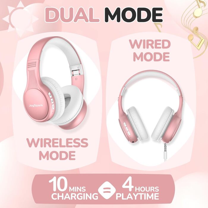 Дитячі Bluetooth навушники JoySpark з мікрофоном, рожеве золото, 60 годин роботи, Bluetooth 5.4, Type-C, обмеження гучності 85/94 дБ