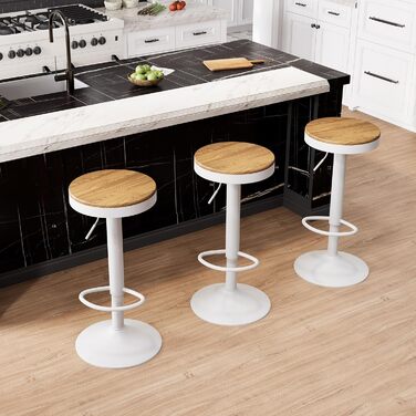 Kidol Adjustable Height Bar Stools 2-Pack - 360° Swivel, Round Wooden Seat on Metal Frame, for Kitchen/Bar/Living Room (White)