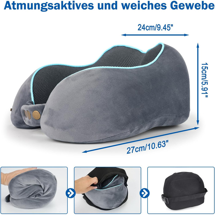 Подушка для шиї дитяча та доросла з Memory Foam 220г, ергономічна, регульована, сіра. Для подорожей літаком, авто та потягом.