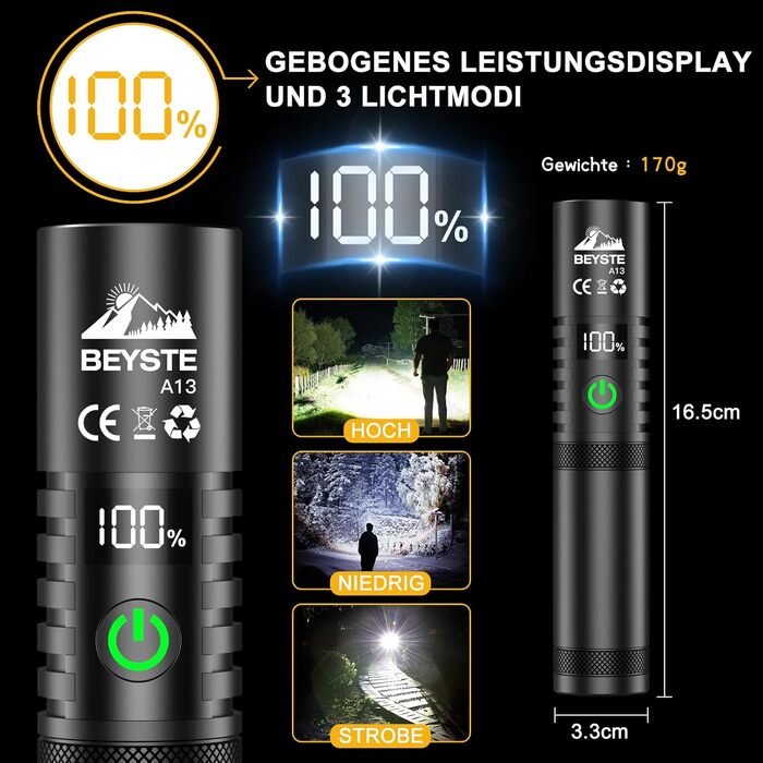 Ліхтарик BEYSTE LED акумуляторний, надяскравий 500000 люмен, тактичний ліхтарик USB, потужний із чохлом, дуже яскравий ліхтарик на батарейках для зовнішнього використання та екстрених ситуацій