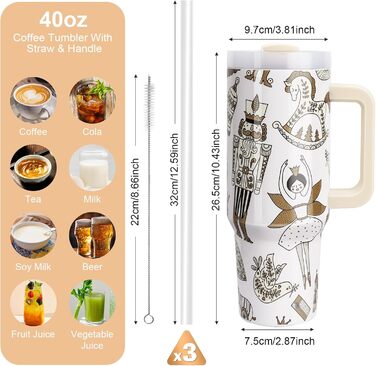 Термокружка WALLFID 40oz з нержавіючої сталі, вакуумна ізоляція, з кришкою, 3 трубочки та щітка для чищення, для гарячих та холодних напоїв, ідеальна для кави, чаю, смузі та іншого