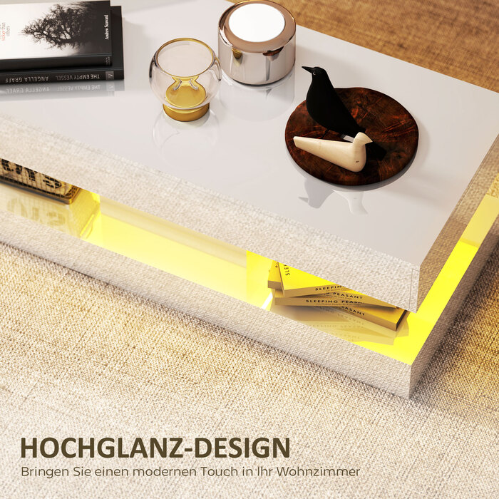 HOMCOM Living Room Coffee Table with Drawers and LED Lights, Modern Sofa Table with Open Storage, Coffee Table, Particleboard, White