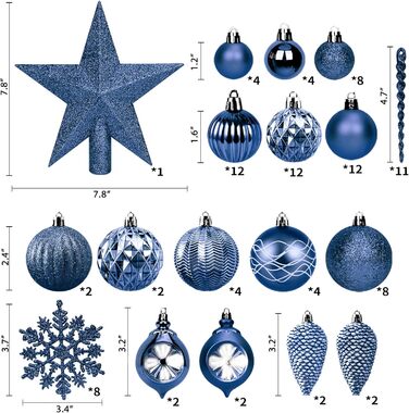 100 шт. прикраси для ялинки: кулі, верхівка, чорний колір, розбиваємі, підвісні, блакитний колір