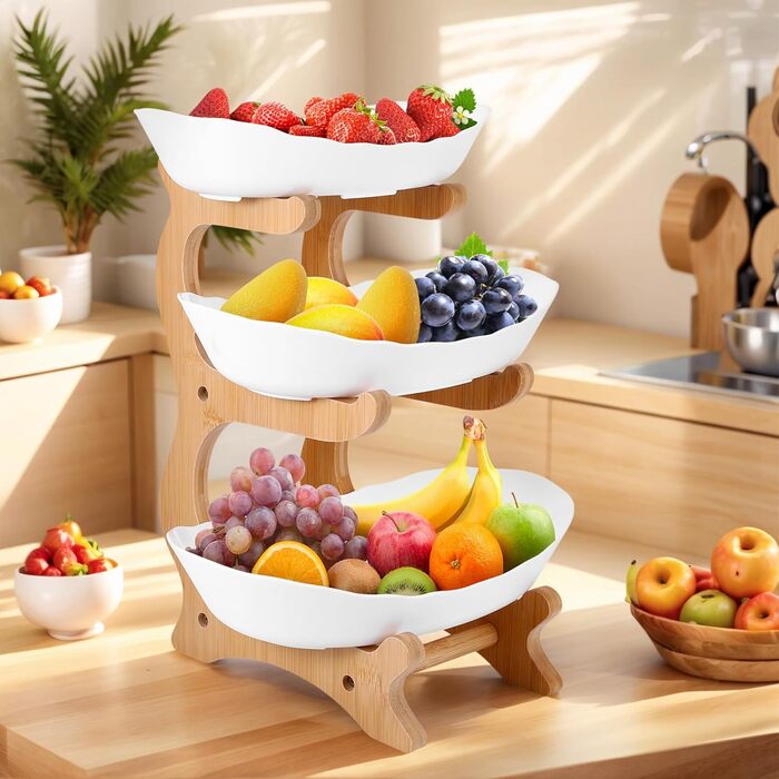 DEECOZY Трирівнева підставка для фруктів та овочів з бамбуком, біла. Організатор для зберігання фруктів, овочів та закусок