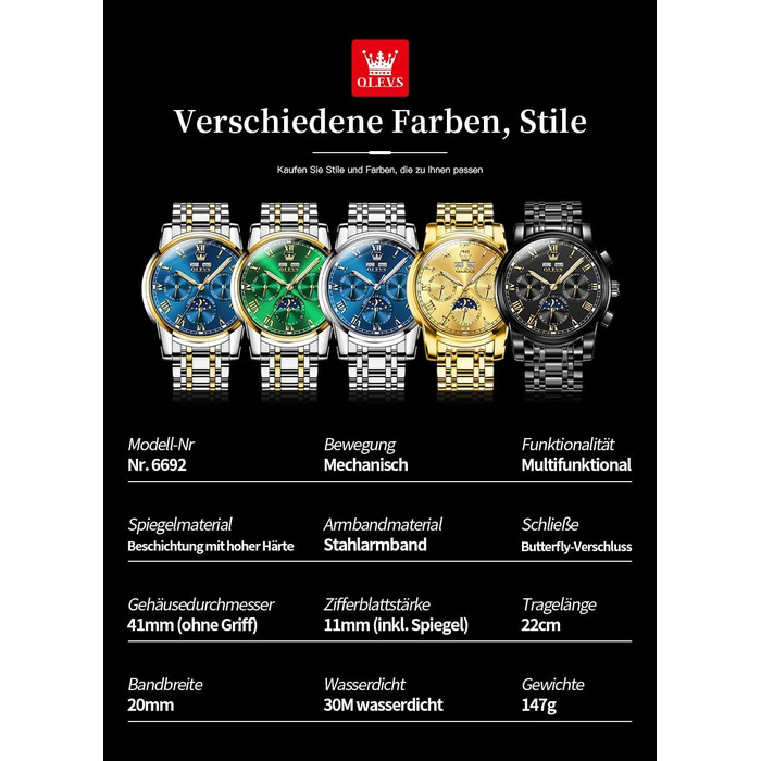 Чоловічий механічний годинник OLEVS з автопідзаводом, золотисто-сріблястий сталевий браслет, синій циферблат, фаза місяця, водонепроникний, люкс бізнес-стиль (6692)