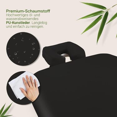 Масажне ліжко MASSUNDA Mobile Comfort Deluxe – розкладне, регульоване по висоті, широке, з дерев'яним каркасом, ергономічною підголівником, покриттям, підлокітниками та подушкою (Чорний)