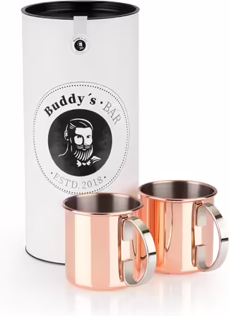 Moscow Mule - 2 x 500 ml Cocktail Cups, 27 cm Bar Spoon, 5cl Jigger & Black Lime Squeezer, food-safe, Cocktail Cup Set including Gift Box, (Polished Copper, 2 Pieces (1 Pack))