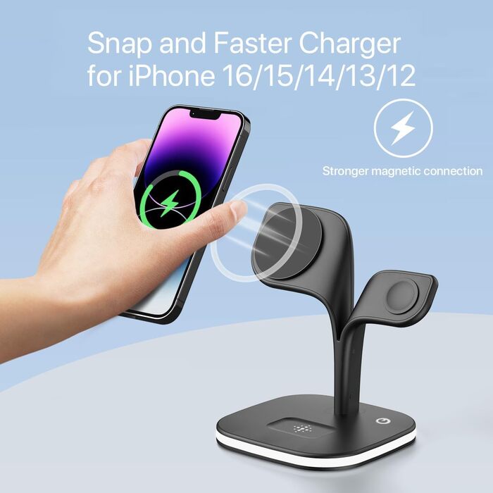 Зарядна станція 5-в-1 для iPhone, MagSafe, сумісна з iPhone 16/15/14/13/12, Apple Watch та AirPods (Чорний)