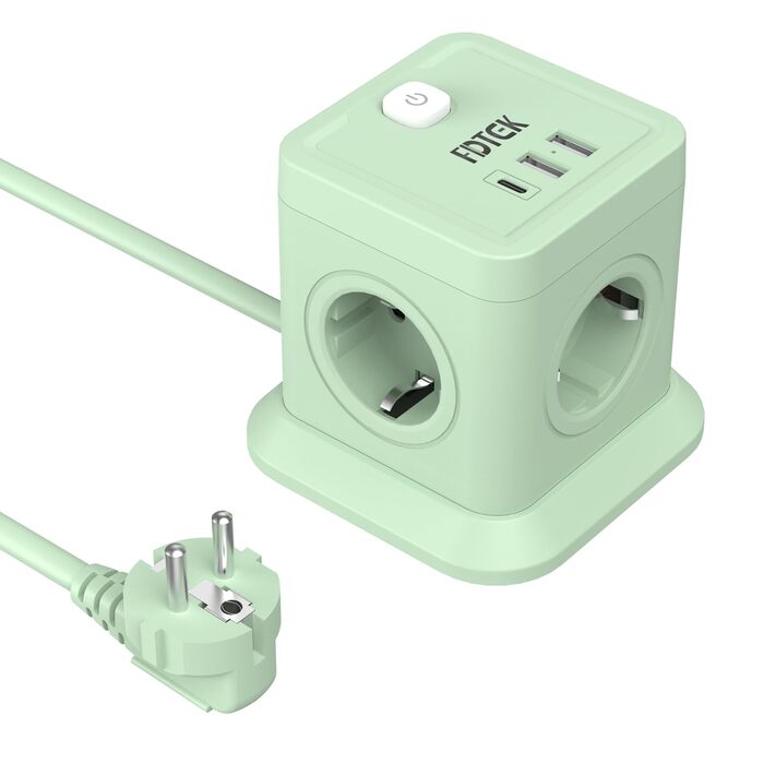 Мережевий адаптер FDTEK 7-в-1 з USB-C та USB-A, 4 розетки, 2500W/10A, куб з вимикачем, 1.8м кабель