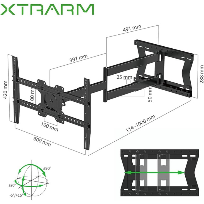Настінний кріплення для телевізора XTRARM TiTon, 120 см, поворотний, 40 кг, VESA max. 400x400 мм, чорний