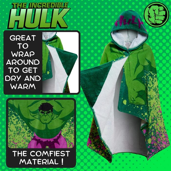Marvel Incredible Hulk Hooded Towel 100% Cotton Kids Poncho Avengers Beach Towel Bath Towel Swim Cover-up