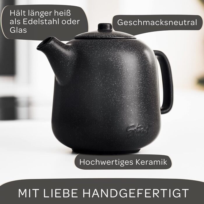 STEINZEIT Design Teapot (1.3L) with 304 Stainless Steel Infuser - Ceramic Teapot with Unique Glaze with Removable Strainer - Black