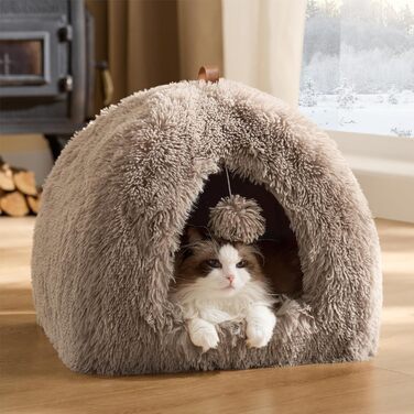 Кігтечка для котів BEDSURE велика, 44x44x44 см, з плюшевим будиночком, знімним килимком та іграшкою, для дому, (40x40x40 см, верблюжий)