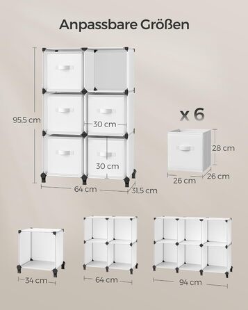 SONGMICS Cube Shelf with 6 Boxes, Shelving System, Storage Shelf with 6 Cubes, DIY, Expandable, Space-Saving, Bedroom, White LPC062W06