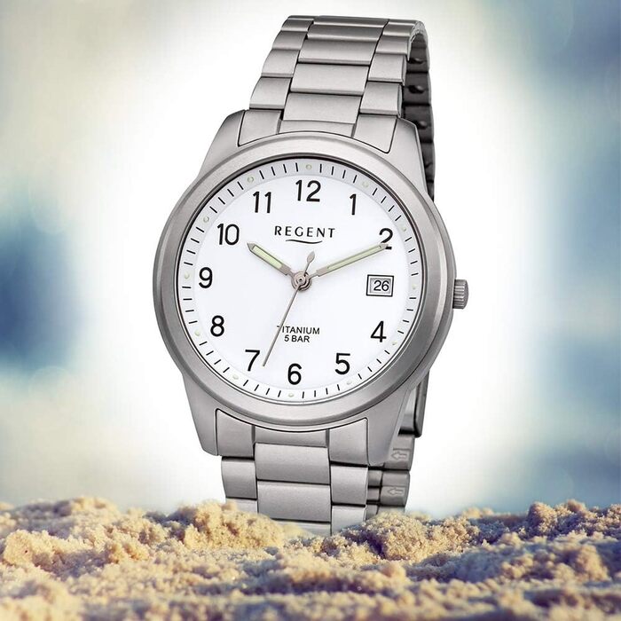 Чоловічий годинник REGENT з титановим браслетом та корпусом 36 мм, кварцовий, арабські цифри, дата (білий)