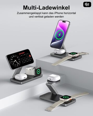 Бездротовий зарядний пристрій 25W MagSafe 3-в-1 для iPhone 17e/17/16/15/14/13/12/Air, Apple Watch та AirPods Pro - чорний