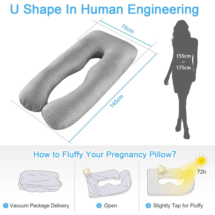 Тілоподушка SHANNA для сну на боці, U-подібна, вагітним, знімний чохол, 70 x 145 см (Сірий смугастий)