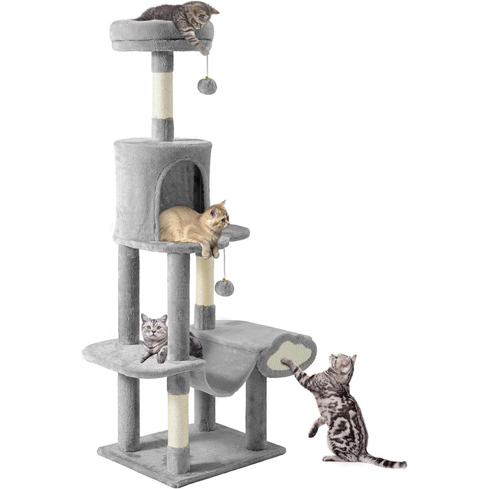Кігтеточка YITAHOME XXL для котів, 142 см, сіра, з 8 стовпчиків сизалю, 3 платформи, 2 печери, гамак, іграшки, кігтешкребок, кріплення для лазіння