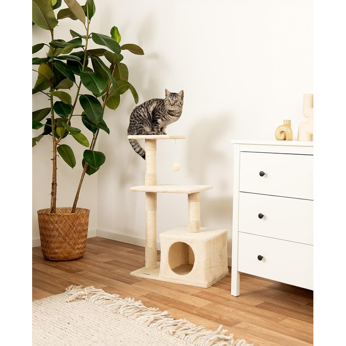 Lionto Scratching Post for Cats with Cave and Plush Ball incl. Bell, Height 85 cm, Cat Tree with Sisal & Plush, Cozy Resting Areas & Cave, Suitable for Small & Large Cats, Beige
