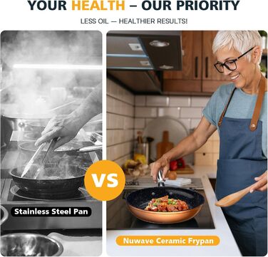 Набір сковорідок Nuwave 3 шт. з нержавіючої сталі, ковані, легкі, 20.3 см, 25.4 см, 30.5 см, покриття G10 Healthy Duralon Blue Ceramic Ultra Antihaft, ергономічні ручки, індукційні, антипригарні, рустикальне мідне покриття