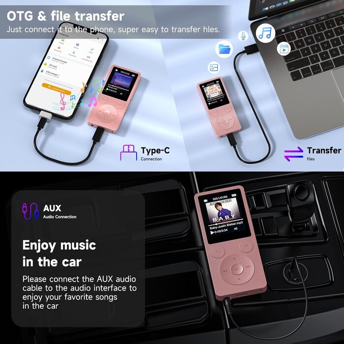 MP3 плеєр 32GB з Bluetooth 5.3 та вбудованим динаміком, FM-радіо, диктофон, HiFi-звук, розширювач пам'яті до 128GB, рожевий