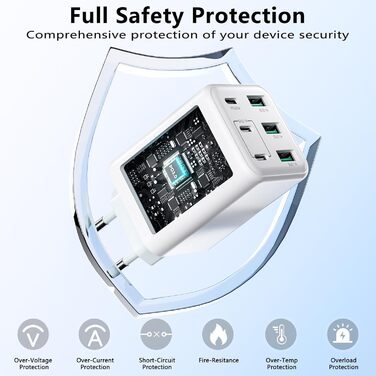 Зарядний пристрій USB-C 60W, 6 портів (3x USB-C, 3x USB-A), PD+QC швидка зарядка, адаптер живлення для iPhone 14/15/16/17, Samsung S24/S23/S22 - Білий