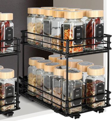 VINATO Висувна полиця для спецій на 2 яруси – органайзер для кухні з роликовими направляючими, підставка для спецій у шафку, полиця для спецій без свердління (26x15x21,8 см)