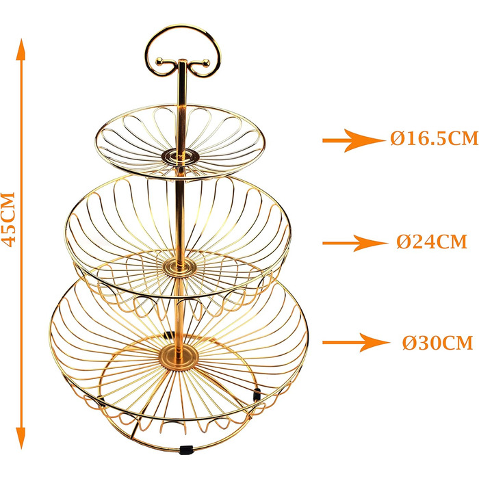 Металевий кошик для фруктів та овочів з ручкою - 3 яруси, великий, з нержавіючої сталі, з циркуляцією повітря (45 см, Ø30-24-16.5 см), золотий