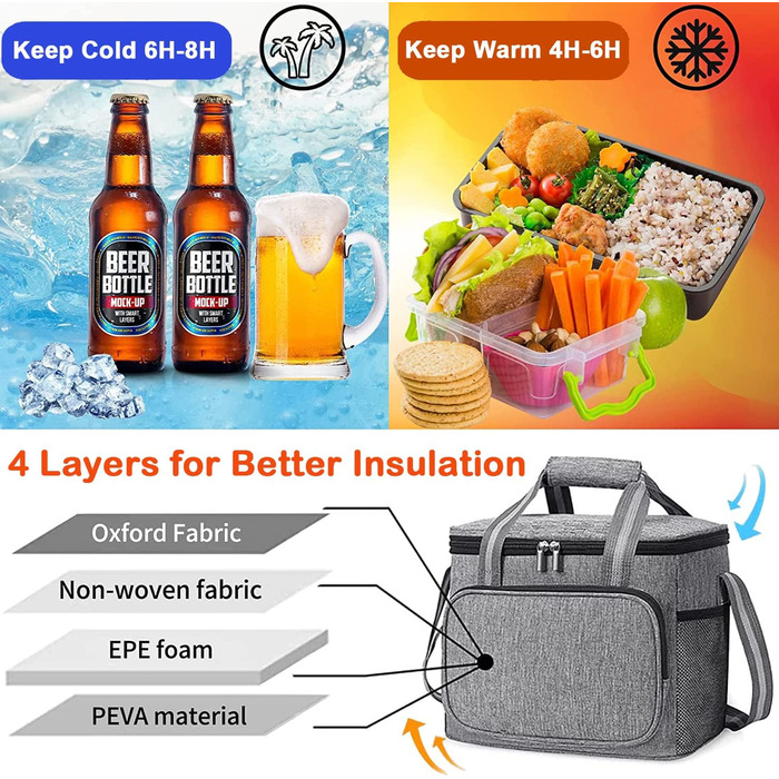 Термосумка-холодильник 15L для пікніка, кемпінгу, авто, офісу: сіра, водонепроникна, для їжі
