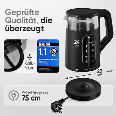 Скляний електрочайник ProfiCook PC WK 1328 G з регулюванням температури 40-100°C, 1.7л, 2200Вт, функція підігріву та швидкого старту