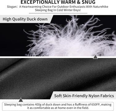 Спальний мішок Naturehike CW400: ультралегкий, пуховий, для дорослих, -11°C—6°C, з компресійним водонепроникним чохлом. Підходить для походів, велопоїздок та кемпінгу. Чорний колір.