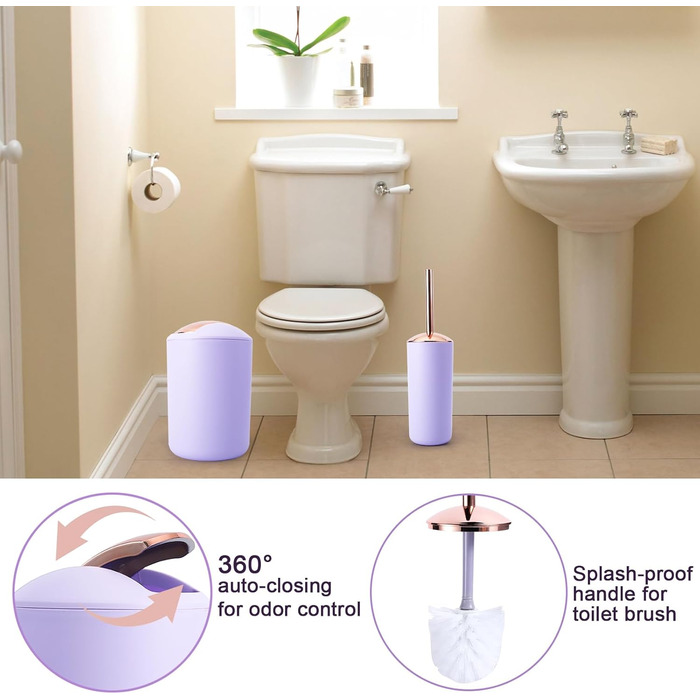 9-Piece Bathroom Accessories Set – Trash Can, Soap Dispenser Set, Soap Dish, Toilet Brush with Holder, Toothbrush Holder, Cup, Tray, Cotton Swab Holder, (Violet Bathroom Set + Shower Curtain + Rugs)