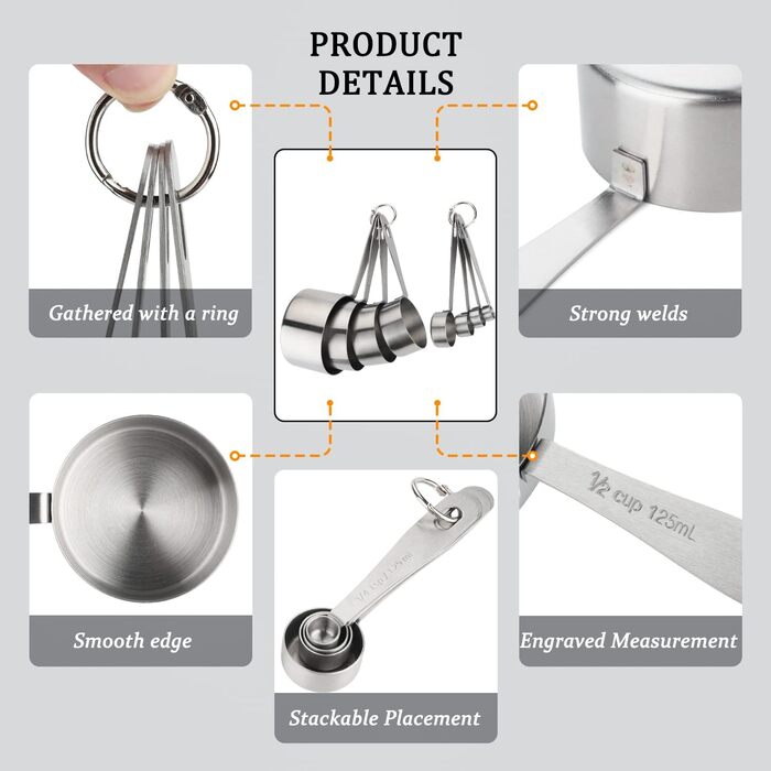 Stainless steel measuring cups and spoons, set of 8 consisting of 4 measuring cups and 4 spoons for dry and liquid ingredients
