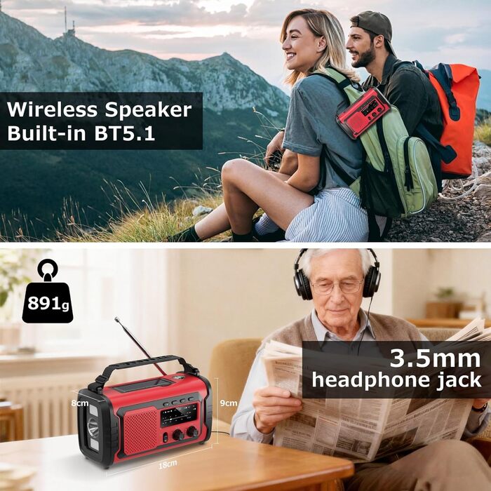 Радіо на сонячній батареї та ручному приводі 27000mAh з Bluetooth, FM/AM, SOS сигналом, динаміком та підключенням для навушників (Армійський зелений)
