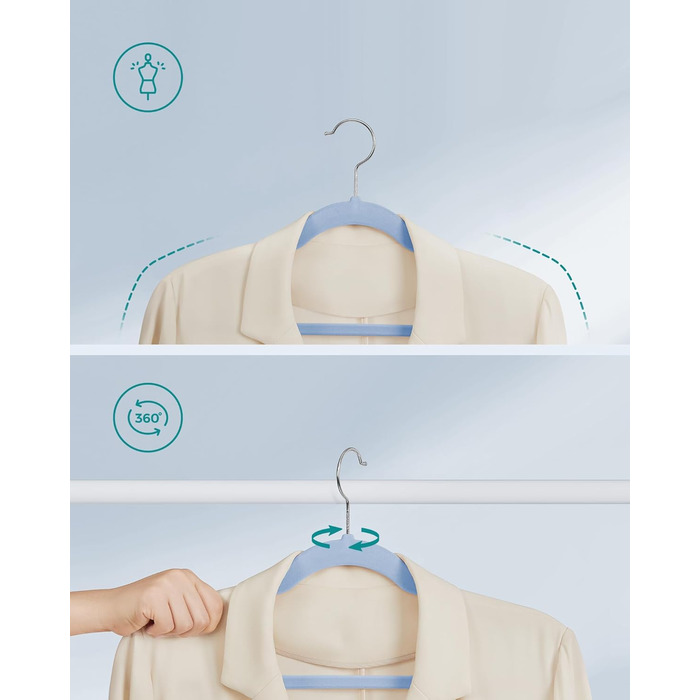 Набір вішалок для одягу SONGMICS, 50 шт., з неслизьким покриттям, для штанів та одягу, обертовий гачок, 43 см, світло-блакитний, CRF029Q05
