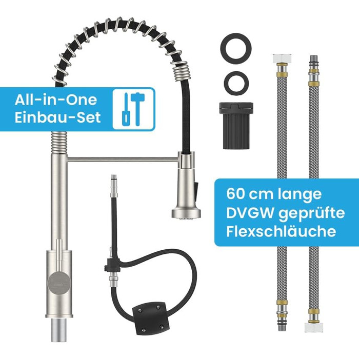 Кухонний змішувач Bächlein Nedo – поворотний на 360 градусів, з нержавіючої сталі, з гнуким гусаком та висувною лійкою, для кухні