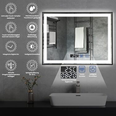 Дзеркало для ванної кімнати YU YUSING 60x80 см з підсвічуванням, проти запотівання, 3 кольори світла, регулювання яскравості, LED, годинник, IP44, металевий каркас, вертикальне, срібне