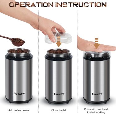 Електрична кавомолка Suewow: потужний 200W мотор, для кави, спецій, горіхів. Багатофункціональна, велика ємність (срібна)