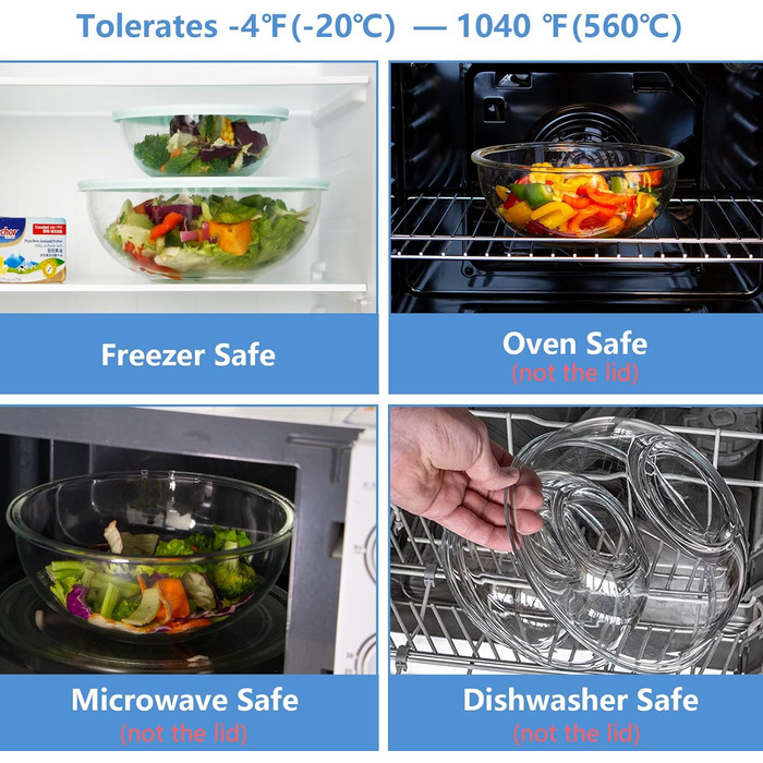 4-Piece Glass Bowl Set with Lids, Glass Mixing Bowl Set (3.5L, 2.0L, 1.0L, 0.5L), Large Salad Bowl with Lid, Oven, Microwave and Dishwasher Safe