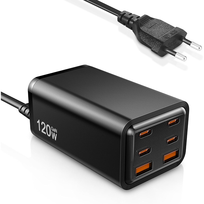Зарядний пристрій USB-C 120W з 6 портами, GaN, сумісний з iPhone, iPad, Samsung Galaxy