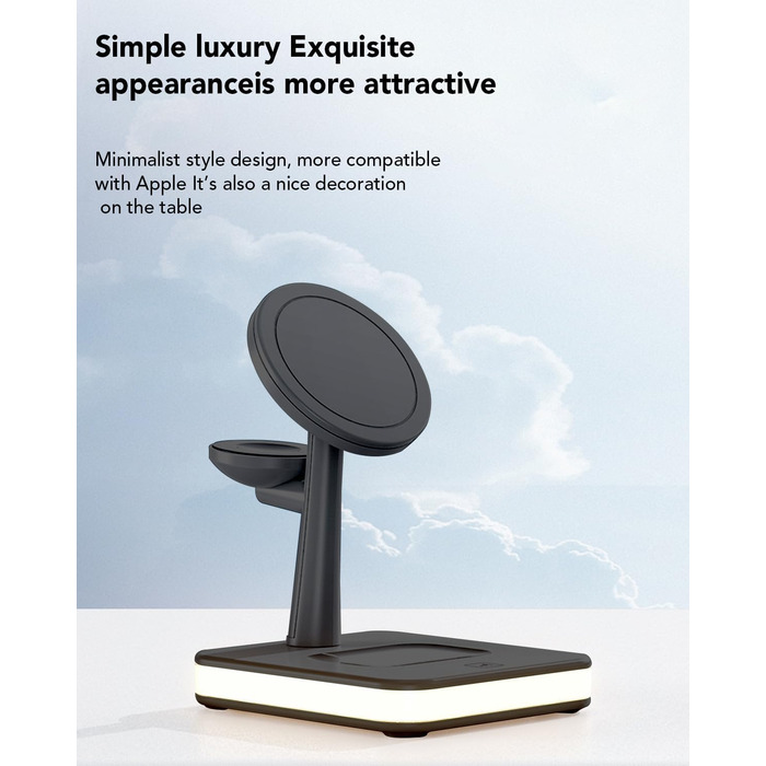 Бездротовий зарядний пристрій 4-в-1 з підсвічуванням та USB-портом для Apple iPhone, iWatch, AirPods (Чорний)