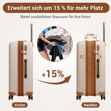 Великий валіза KONO з підсклянником, жорсткий корпус, легкий, поліпропілен, розширюваний, 4 колеса, TSA-замок, чорний/коричневий (кремовий/коричневий), XL