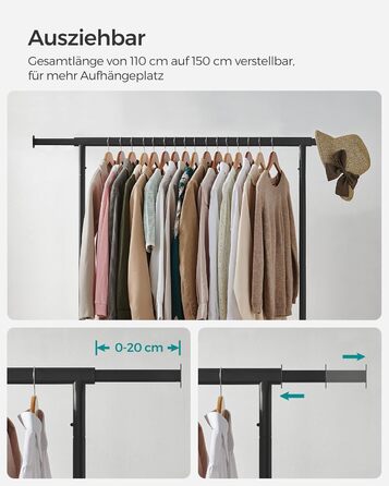 SONGMICS Clothes Rack with Wheels, Clothes Rail, Heavy-Duty, Extendable Clothes Rod, Load Capacity up to 110 kg, 45 x (160-200) x 162.9 cm, Metal, Chrome, HSR176E01 ((110-150)B cm, Matte Black)