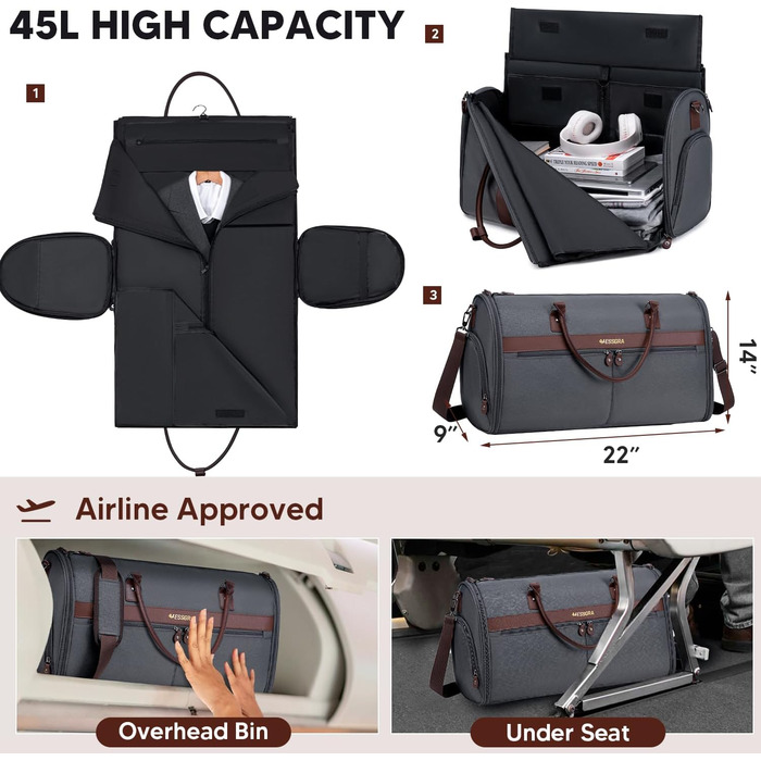 Garment Bags for Travel, Suit Garment Duffel Bags, Carry-on Garment Bag with Shoe Compartment for Men and Women, 2 in 1 Garment Duffel Bag Suitcase with Shoe Bag (Dark Grey)
